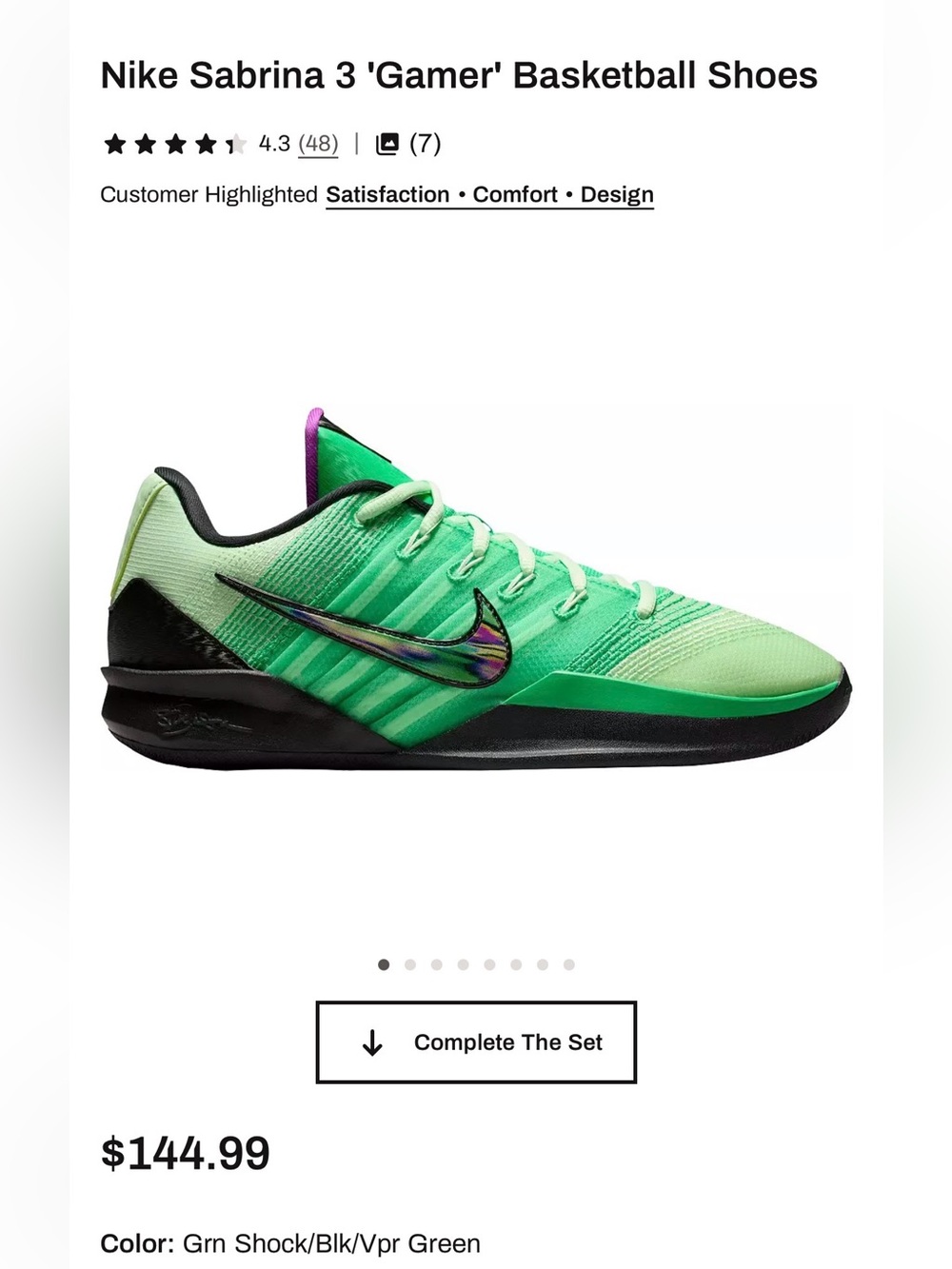 Nike Sabrina 3 Gamer Basketball Shoes - Green/Black with Purple Accent